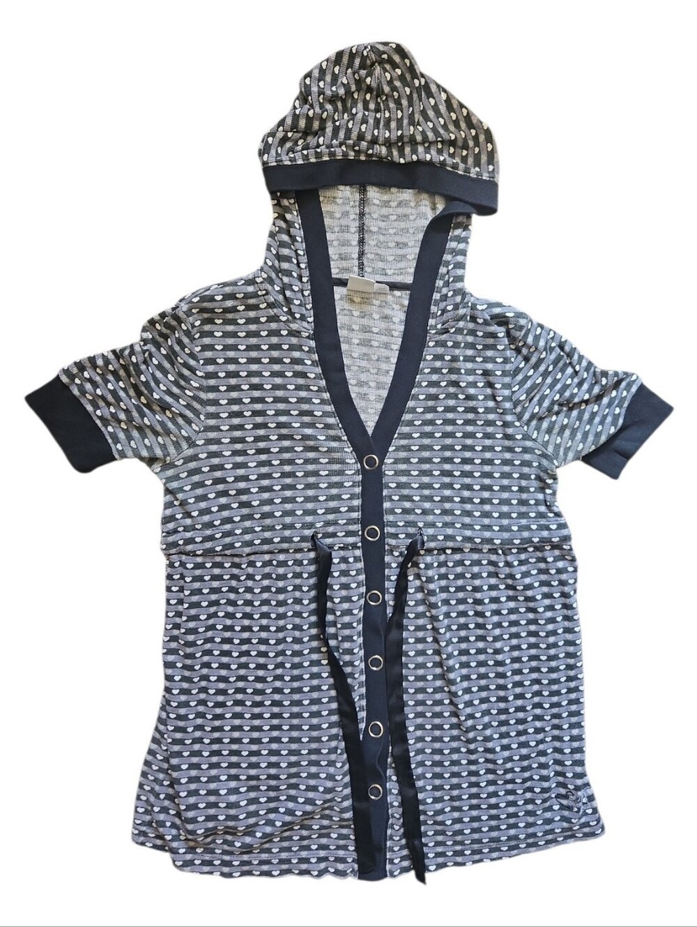 Vintage Y2K Roxy Striped Heart Micro-Print Short Sleeve Hoodie – M